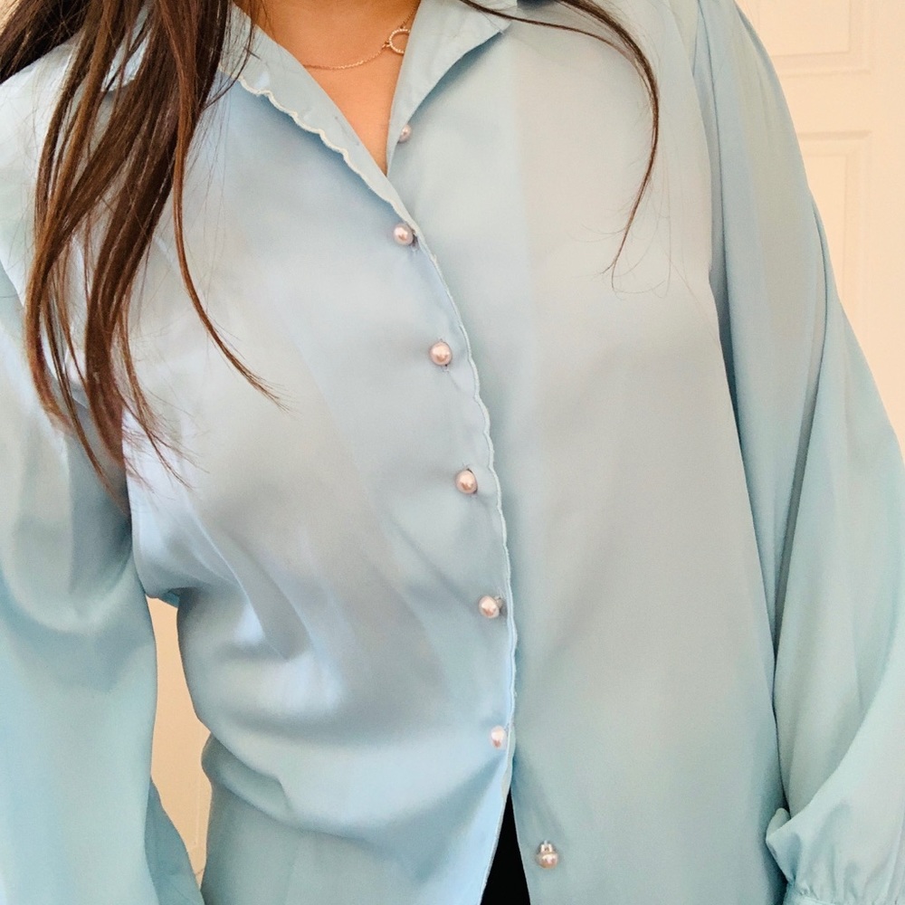 Tiffany Blue Tan F Jay Pearl Button Up Shirt Size 14 View 2